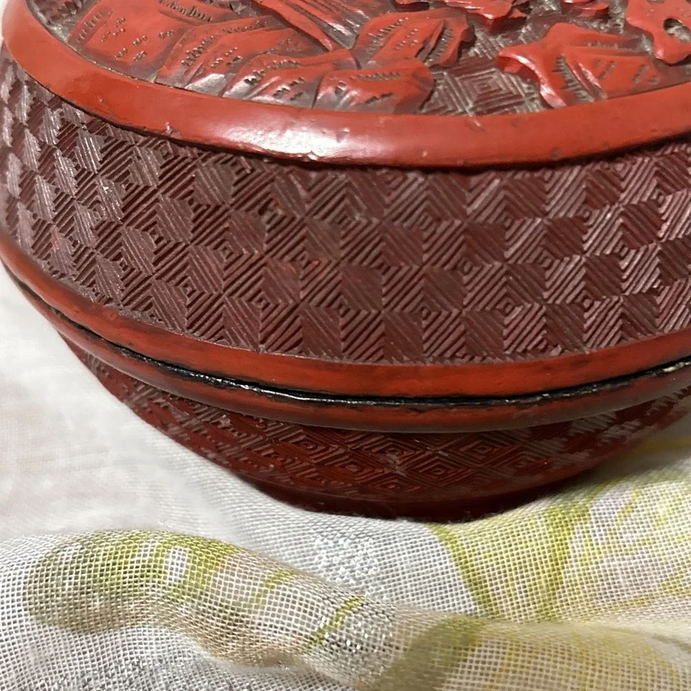 4.5 Old Chinese Handcarved Red lacquerware Character‎ Landscape jewelry box